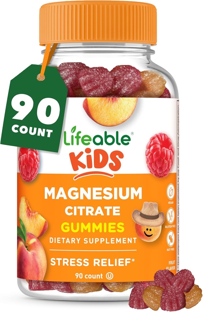 Gommies de Magnésium Lifeable pour les enfants de 170mg Magnésium élémentaire de 1,420mg Citrate de Magnésium de Grande Dégustation pour les enfants Supplément de Magnésium de Soutien musculaire et anti-stress Chewable de 90 Gommies