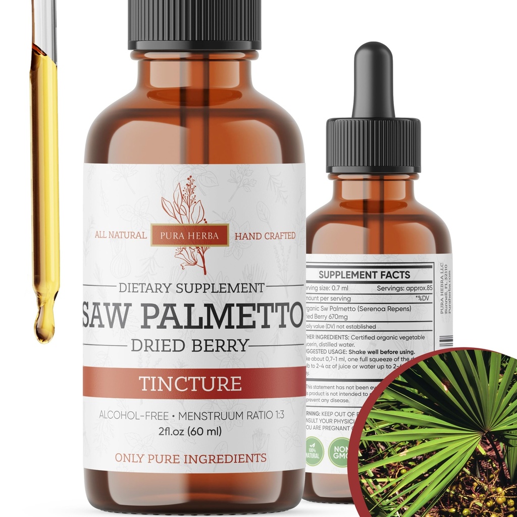 Teinture de Palmetto de scie à l'extrait de plantes premium sans alcool des baies de Palmetto de scie à l'huile de supplément botanique liquide à l'huile à base de plantes traditionnelles fabriqués aux États-Unis - 2 oz (60 ml)