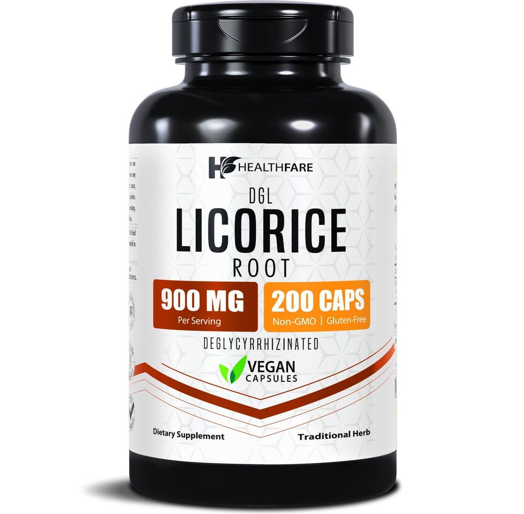 Healthfare Extrait de racine de réglisse 900mg de 200 capsules véganes Supplément DGL de la formule extra-résistance à base de plantes non-OGM, sans gluten