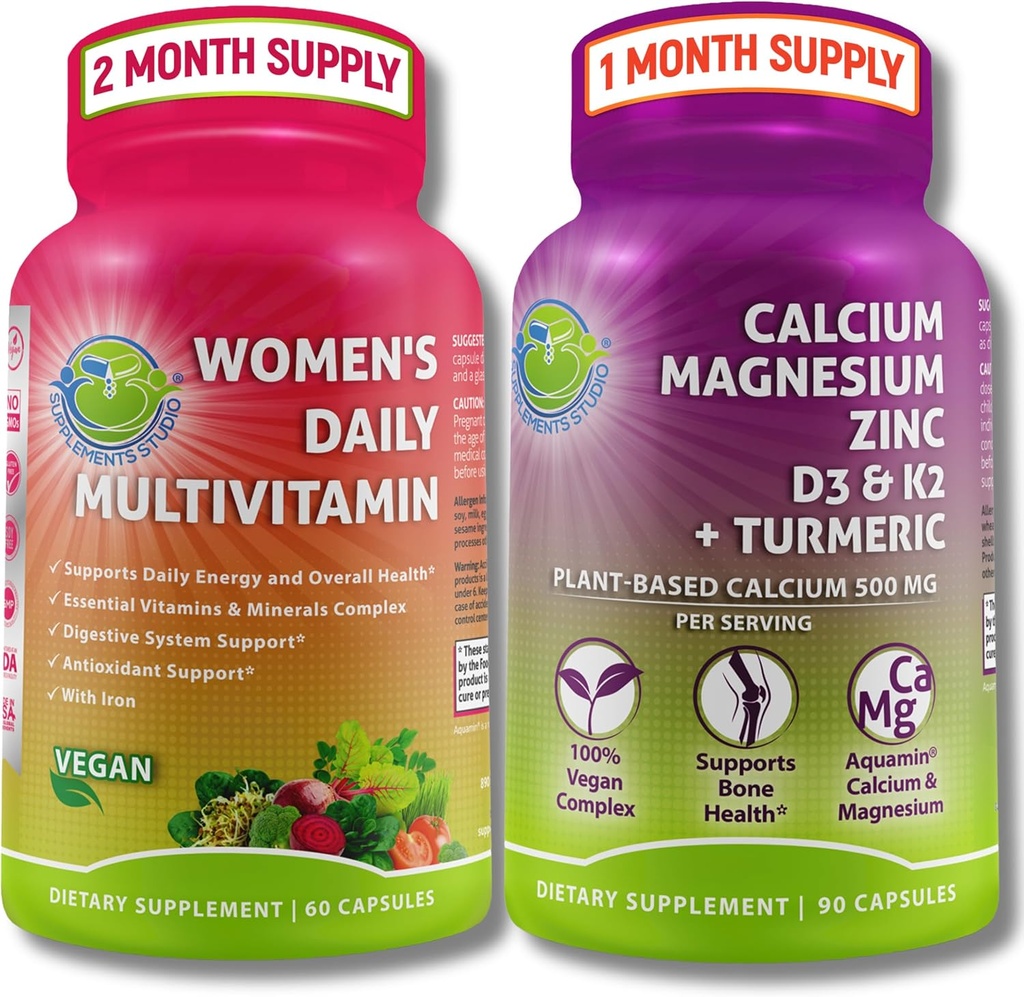 SUPPLEMENTS STUDIO Comprehensive Wellness & Bone Health Bundle - Women's Daily Multivitamin with Iron + Plant-Based Calcium, Magnesium, Zinc, D3, K2 & Turmeric - Vegan, Non-GMO, Clean Ingredients