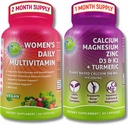 SUPPLÉMENTS ÉTUDE Ensemble complet de bien-être et de santé des os - Multivitamine quotidienne pour femmes avec du fer et du calcium à base végétale, du magnésium, du zinc, du D3, du K2 et du curcuma - végétalien, non OGM, ingrédients propres