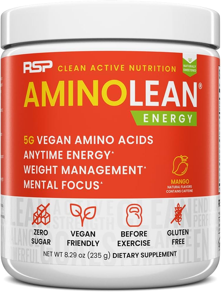 RSP NUTRITION AminoLean naturel pré-entraînement poudre, sans sucralose Amino énergie sans colorants artificiels, les BCAA végétaliens et la gestion du poids, Mango, 25 Serv