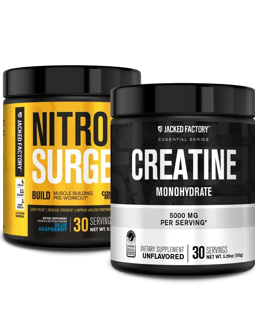 Usine Jacked Nitrosurge Construisez préentraînement avec la créatine pour le bâtiment musculaire (30 portions, framboise bleue) et la poudre monohydratée de créatine pour la croissance et la récupération musculaire (30 portions, non aromatisées)
