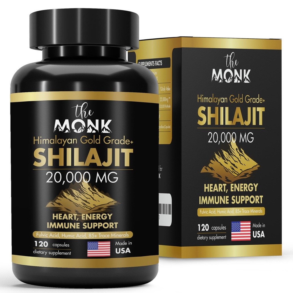 Shilajit biologique avec acide fulvic, acide humique, 85+ minéraux- grade d'or Plus - Même que la résine - énergie, stamina, soutien du cerveau - 120 capsules - Fabriqué aux États-Unis