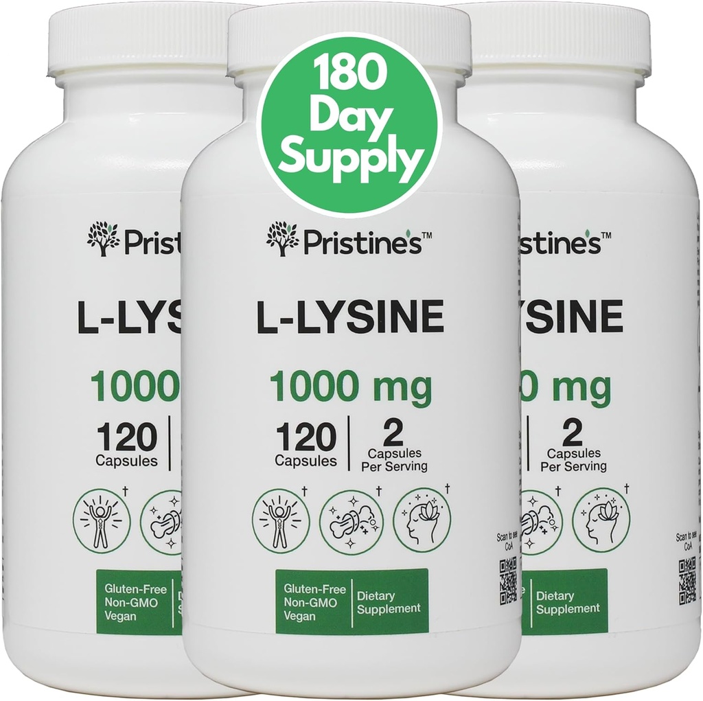 PRISTINE'S L Lysine 1000mg (3 Pack) Lip & Gum Health Essential Amino Acid Immunity Support Supplement Capsules -180 Day Supply Muscle & Tissue Support - Collagen Production - Vegan Gluten Free Non GMO