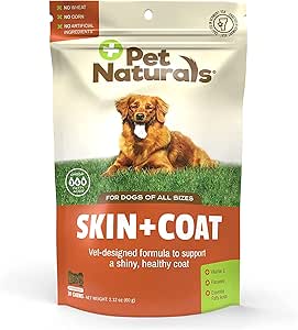 Animaux de compagnie Naturels Peau et manteau pour chiens avec peau sèche, démangeaison et irritée, 30 Chews - Huile de saumon, vitamine E et huile de lin - Pas de maïs ou de blé - Vet recommandé