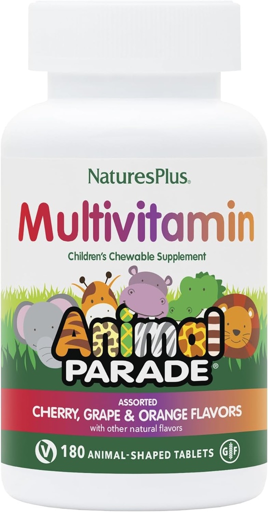 NaturesPlus Animal Parade Children's Chewable Multivitamin - 180 comprimés en forme d'animal, boîte de 3 - Saveurs naturelles assorties - Vegan, sans gluten - 270 Total des portions