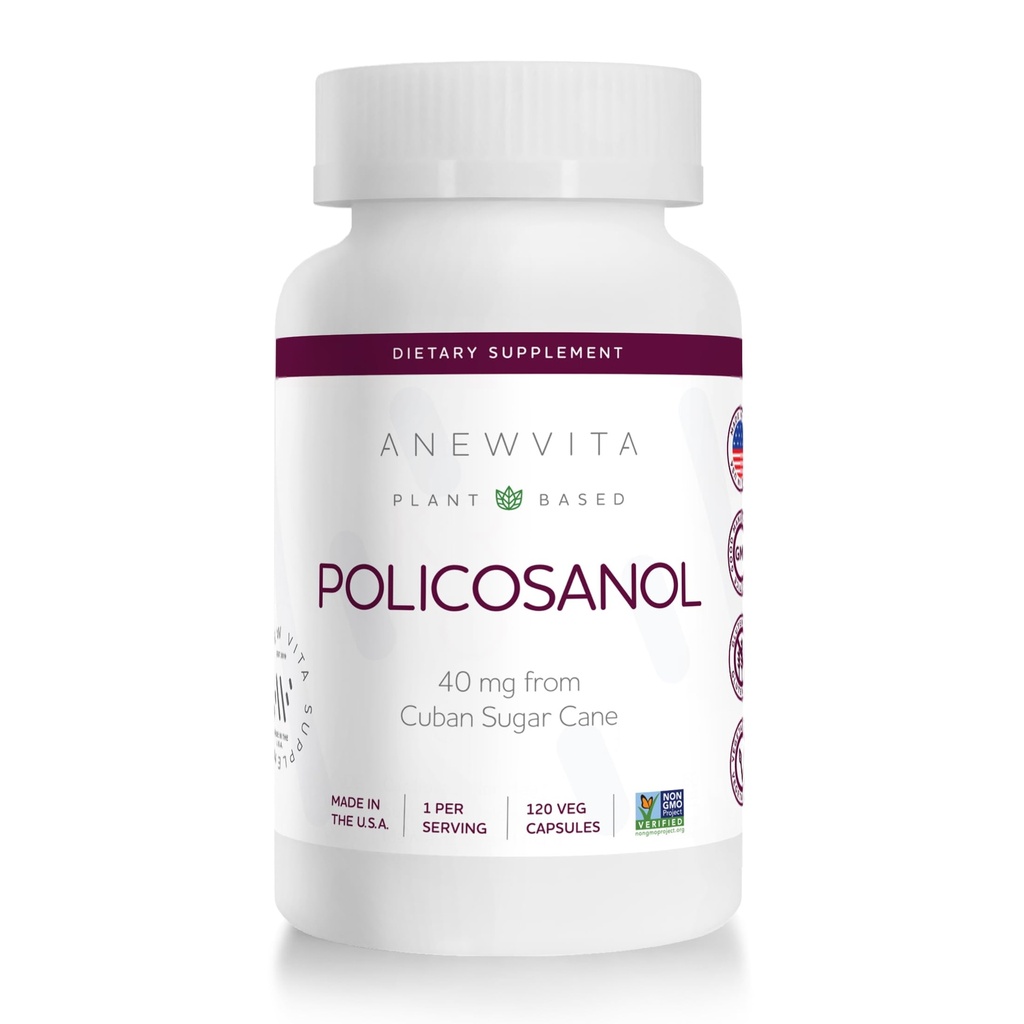 Nouveau supplément de policosanol Vita-Niveau lipidique sain, fonction plaquettaire et circulation, canne à sucre d'origine cubaine, 40mg par portion, sans OGM, sans gluten - 120 capsules de légumes, fabriqués aux États-Unis
