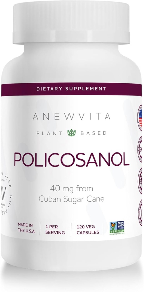 Nouveau supplément de policosanol Vita-Niveau lipidique sain, fonction plaquettaire et circulation, canne à sucre d'origine cubaine, 40mg par portion, sans OGM, sans gluten - 120 capsules de légumes, fabriqués aux États-Unis