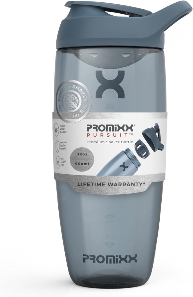 Bouteille Promixx Pursuit Protein Shaker (32 oz) – Mélangeur silencieux sans bille, filet de protection, BPA/BPS & ECOZEN sans phtalate – Coupe facile à nettoyer pour les smoothies pré- & post-entraînement