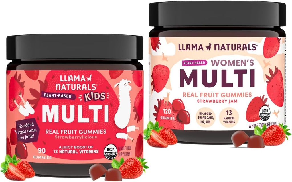 Lama Naturals Real Fruit Multivitamine Gummies (en anglais seulement) Enfants et femmes Vitamines alimentaires entières (en anglais seulement) Pas de sucre de canne ajouté (en anglais seulement) Biologique, végétalien, à croquer (en anglais seulement) 90 ct & 120 ct