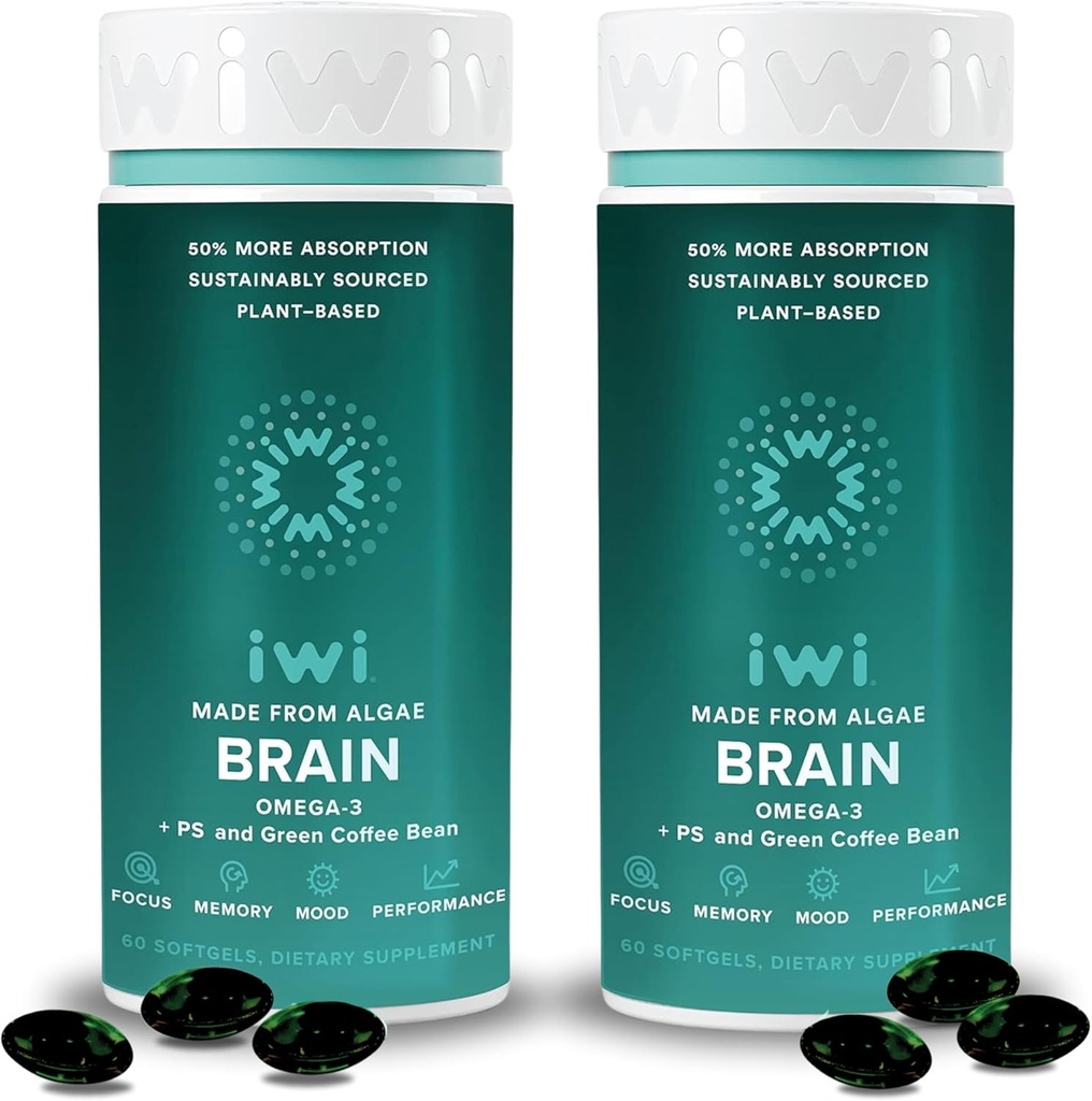 iwi life Cerveau Omega-3, 120 Softgels (60 portions), Algae Omega-3 à base végétale végétalienne avec EPA + DHA, Focus, Mémoire et Mood Support Supplément diététique, Krill & Fish Oil Alternative, Aucun arrière-goût de poisson