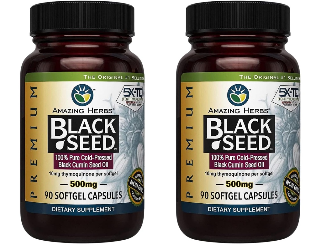 Amazing Herbs Premium Capsules d'huile de graines noires - sans gluten, sans OGM, Nigella pressée à froid Sativa aide à la santé digestive, le soutien immunitaire, la fonction cérébrale - 90 comte, 500mg (paquet de 2)