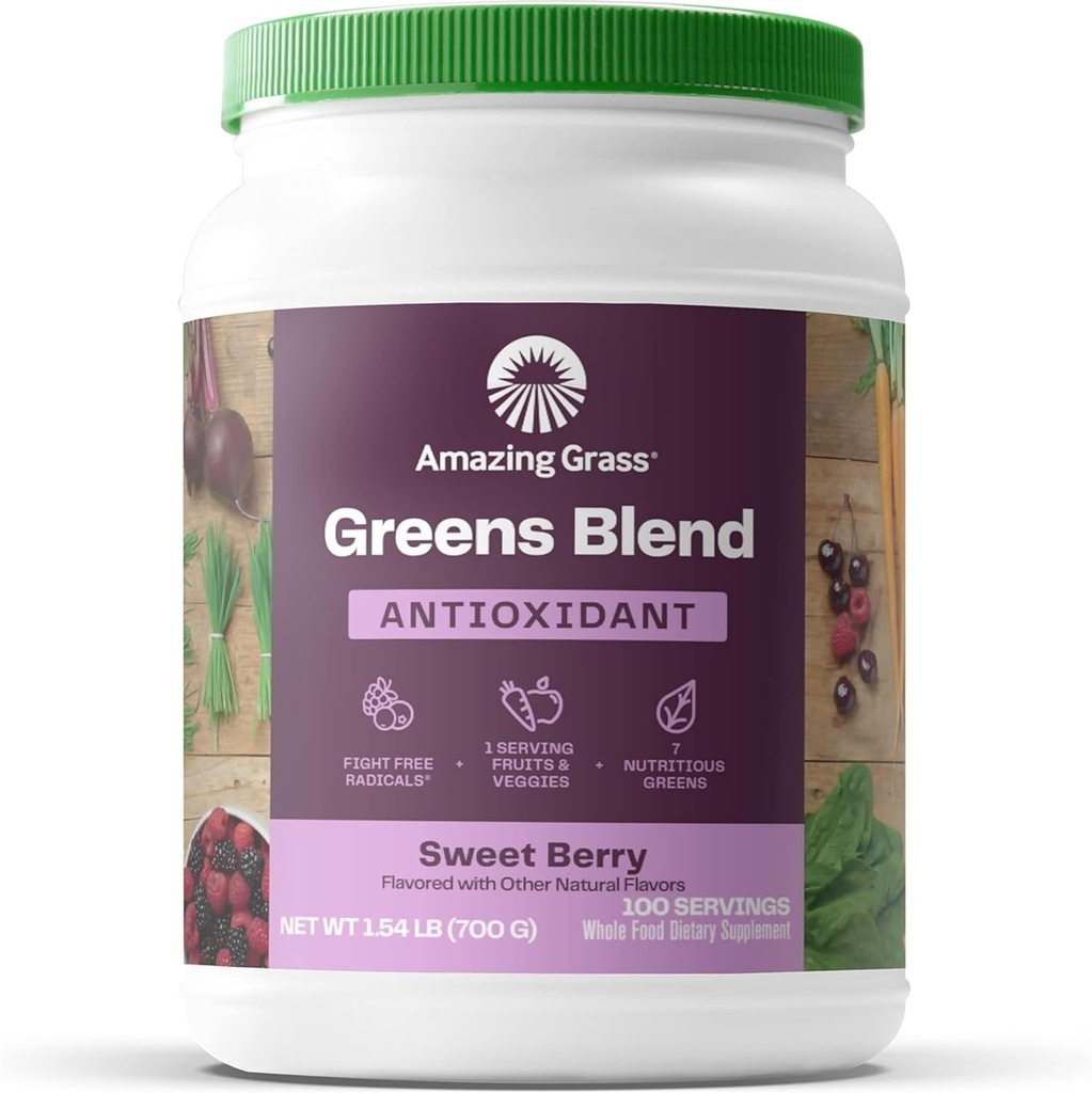 Amazing Grass Greens Superfood Antioxydant: Poudre de vert avec Spiruline biologique, poudre de racine de betterave, Elderberry & Probiotiques, Berry sucré, 100 portions (emballage mai Vary)