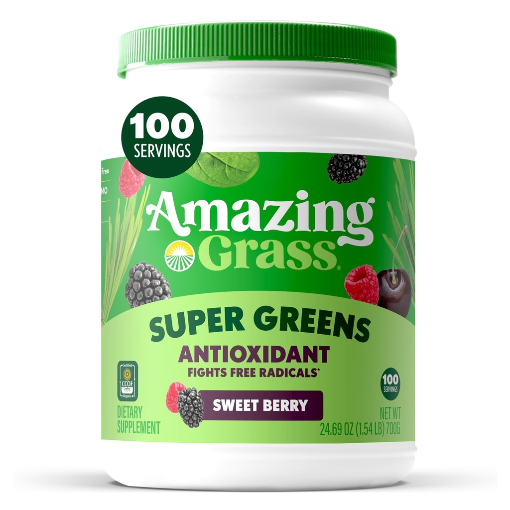 Amazing Grass Greens Superfood Antioxydant: Poudre de vert avec Spiruline biologique, poudre de racine de betterave, Elderberry & Probiotiques, Berry sucré, 100 portions (emballage mai Vary)