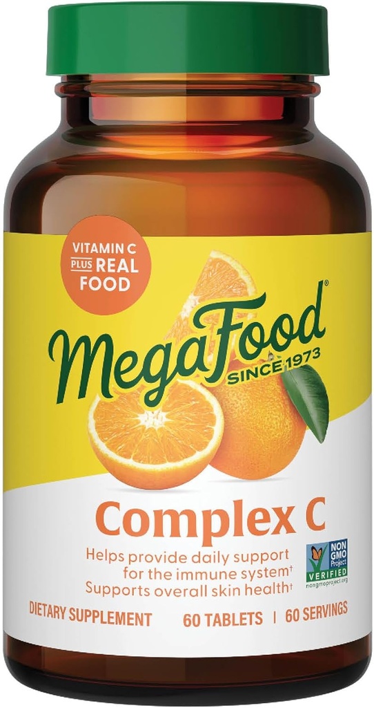 MegaFood Complex C - Supplément de soutien immunitaire végétalien avec vitamine C 250 mg, fabriqué avec des aliments réels incluant le riz orange, canneberge et brun, sans gluten, casher - 60 comprimés, 60 portions