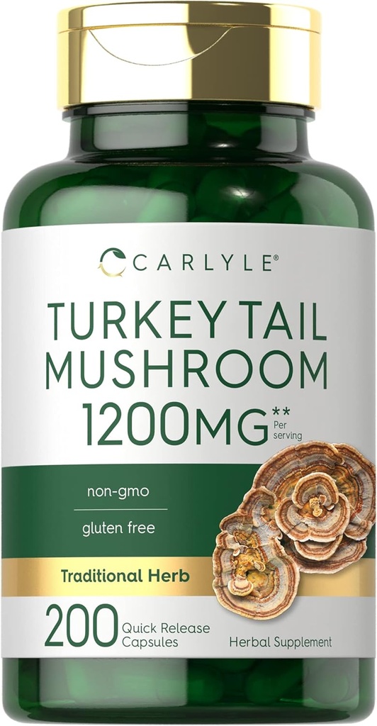 Carlyle Turkey Tail Mushroom Capsules $ 1200mg $ 200 Count $ Non-OGM & Extrait sans gluten