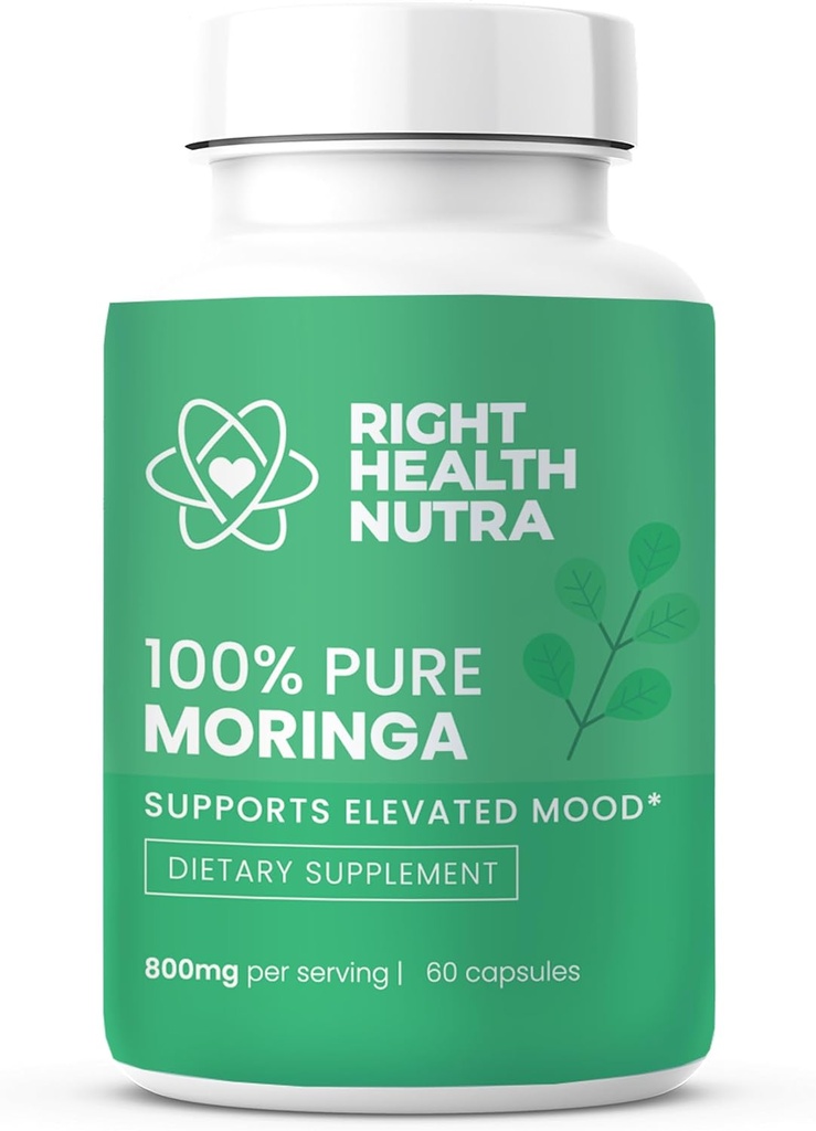 Santé droite Nutra - 100% pur Moringa 800mg - 60 Capsules - Supplément alimentaire pour l'humeur plus vive, la concentration accrue et la mémoire fortifiée - avec des vitamines, des minéraux et des nutriments nourissants