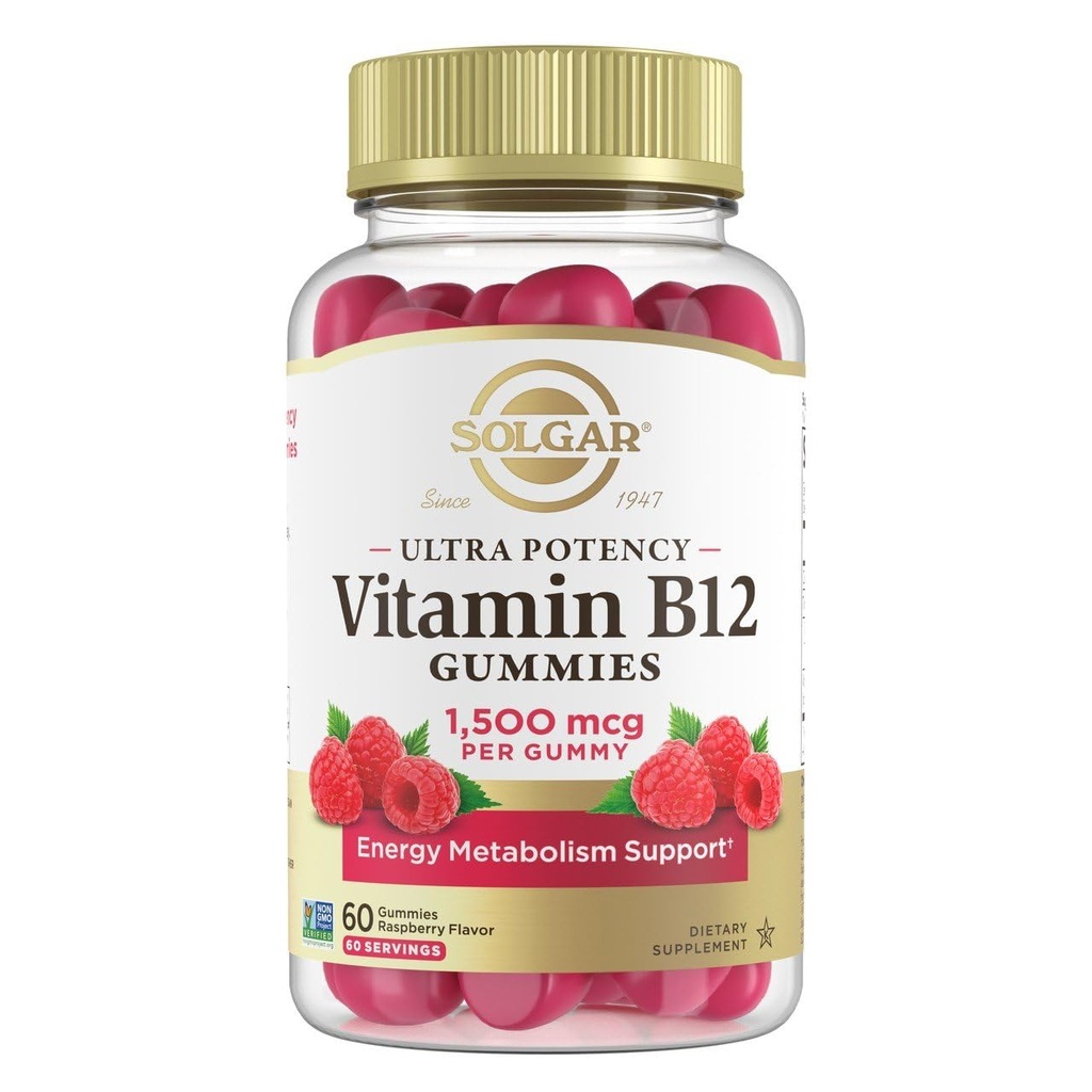 Solgar Méthyl B12 Gommies pour adultes 1 500 mcg Vitamine ultra-potentiel pour l'énergie et le métabolisme Support, Arôme de framboise, Gommy végétalien et sans gluten pour les femmes et les hommes, 2 mois d'approvisionnement, 60 portions, 2g de sucre