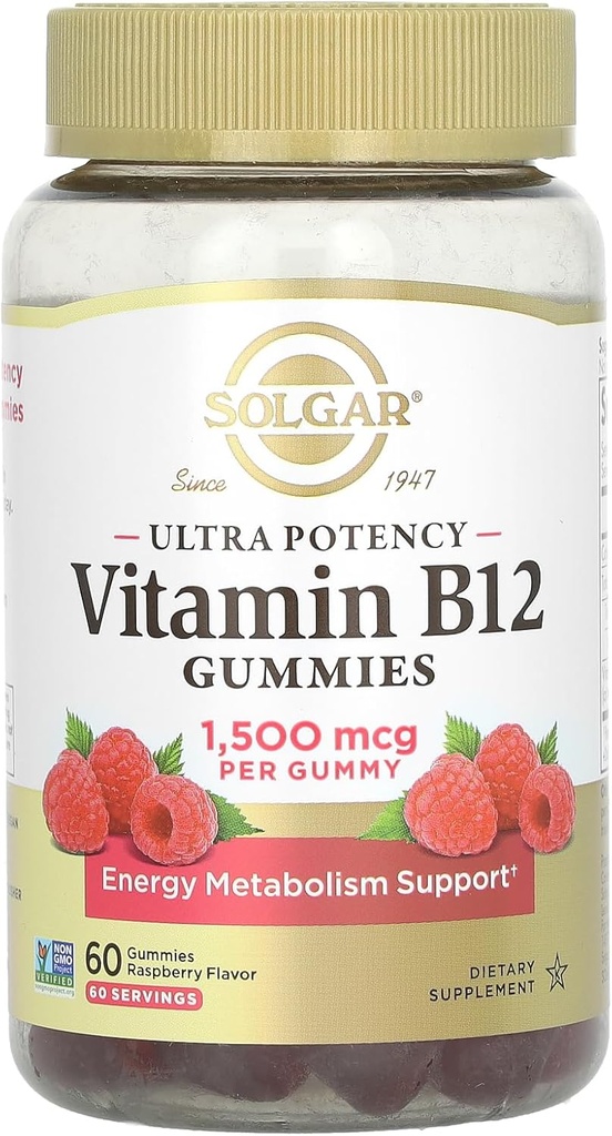 Solgar Méthyl B12 Gommies pour adultes 1 500 mcg Vitamine ultra-potentiel pour l'énergie et le métabolisme Support, Arôme de framboise, Gommy végétalien et sans gluten pour les femmes et les hommes, 2 mois d'approvisionnement, 60 portions, 2g de sucre