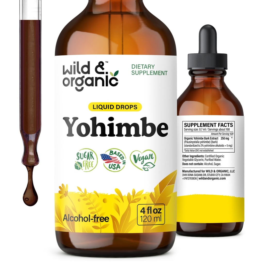 Suppléments de Yohimbe sauvage et biologique pour les hommes et les femmes - Teinture d'extrait de Yohimbine de 5 mg - gouttes d'écorce de Yohimbe sans alcool - végétalien, non-OGM et sans sucre - 4 fl oz