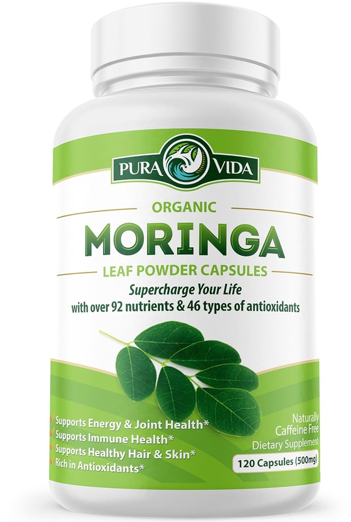 PURA VIDA MORINGA Capsules Poudre de Moringa d'origine unique Organique. Pure Moringa Leaf. Énergie, métabolisme et soutien immunitaire.