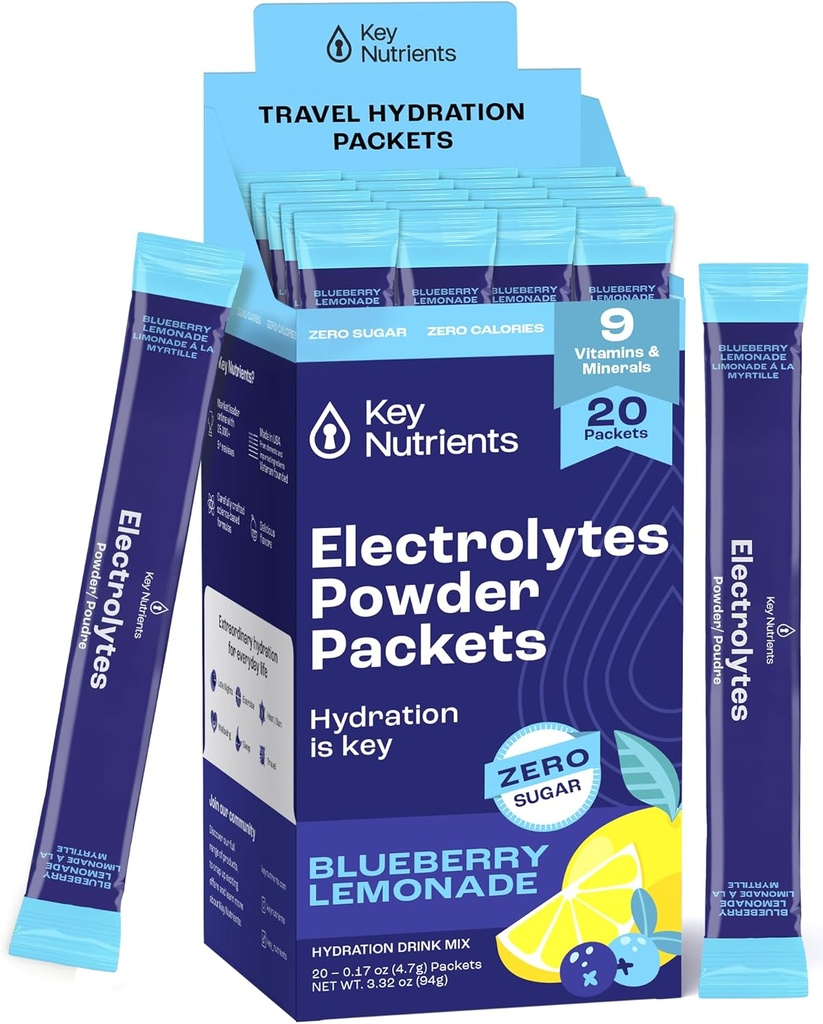 KEY NUTRIENTS Multivitamin Electrolytes Powder Packets - Delicious Blueberry Lemonade 20 Pack Hydration Packets - Travel Hydration Powder - No Sugar, No Calories, Gluten Free - Made in USA