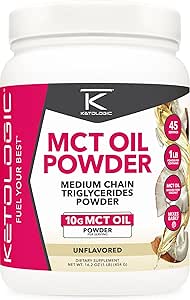 Poudre d'huile Ketologic MCT non aromatisée (1 LB) – crème de café Keto & soutien énergétique – 41 portions de triglycérides à chaîne moyenne pour le focus et le carburant