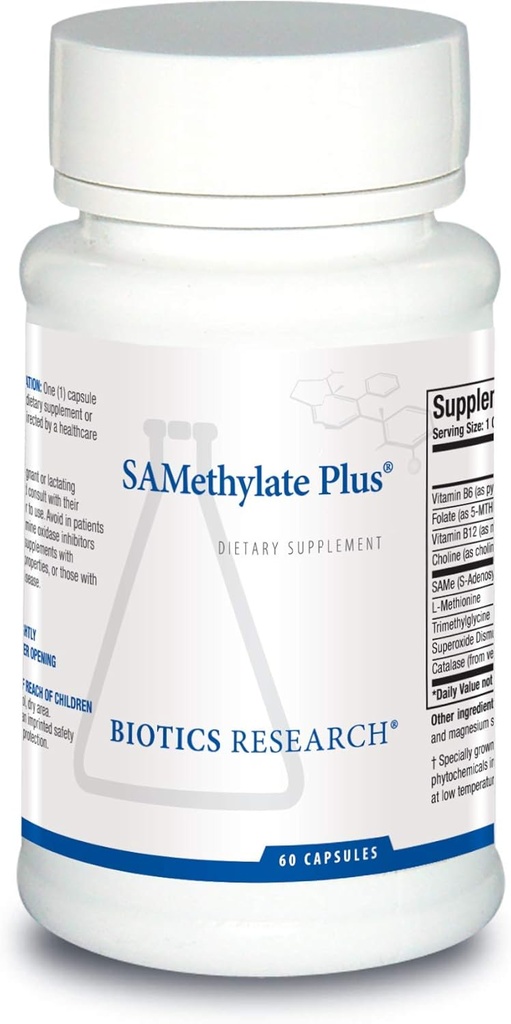 Recherche en biotique SAMéthylate Plus, Soutien de l'humeur et du sommeil, Santé du cerveau, Antioxydant, Folate sous forme de 5MTHF, Vitamine B12 méthylcobalamine, L méthionine, Bitartrate de choline, Triméthylglycine 60 Capsules