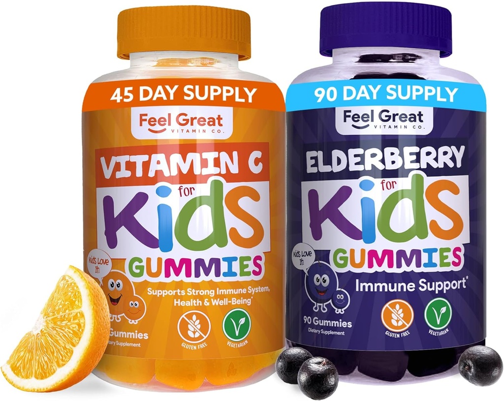 Sentez-vous un grand soutien immunitaire Gommies pour enfants Duo - 90 jours d'approvisionnement - Zinc, vitamine C, Elderberry - sans gluten, à base de plantes - Gommies de baies et d'agrumes