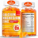 Gommies de magnésium de calcium pour les femmes Hommes: 1200mg Gommy de zinc de citrate de calcium avec vitamine C D3 K2 - Sans sucre végétalien Chewable High Absorption Enegy Imune Support Supplément(120Count)