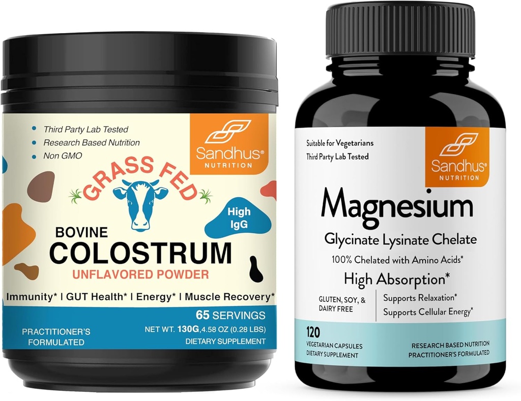 Sandhu's Bovine Colostrum Poudre et Magnésium Glycinate Capsules Lysinate