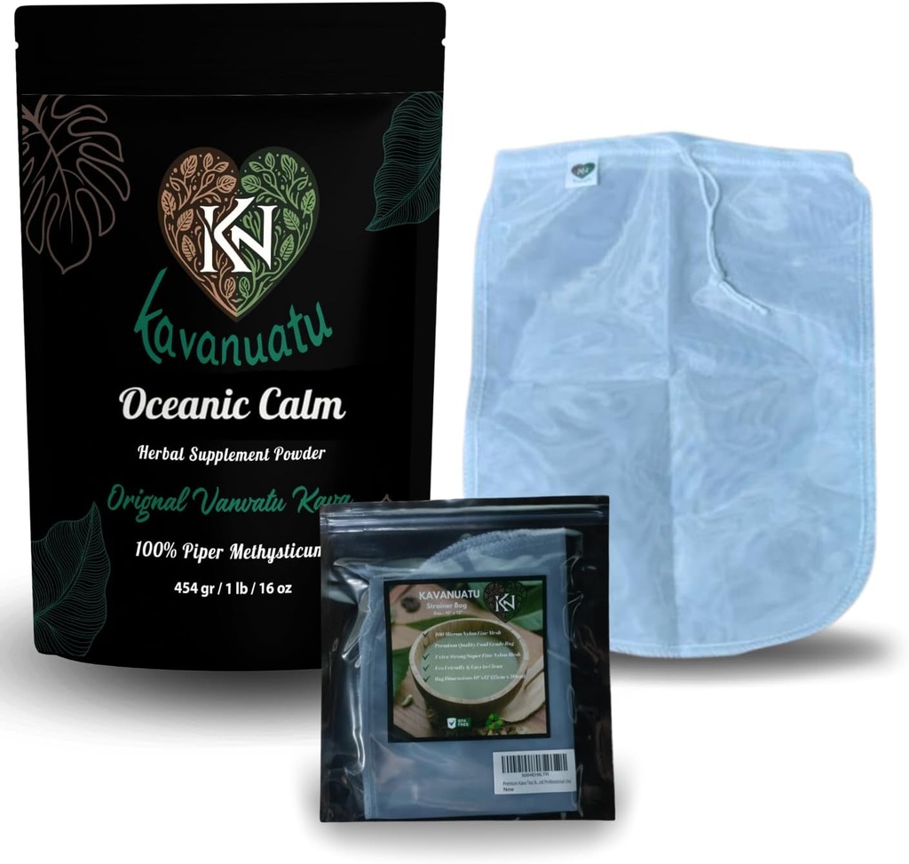 Kava Powder and Strainer Bundle | Premium Vanuatu Kava Root Powder (16oz) for Calmness & Relaxation with 100 Micron Fine Mesh Strainer Bag for Smooth Kava Preparation