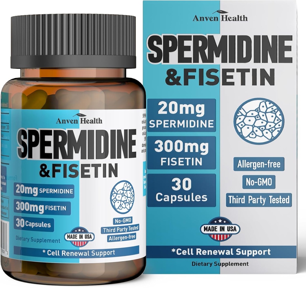 Spermidine & Fisetin Supplement - 20mg of 99% Spermidine Per Serving, 3HCL & 300mg Fisetin for Women Men Cell Renewal, Aging Defense & Longevity, Gluten Free, Non-GMO, Made in USA | 30 Veggie Caps