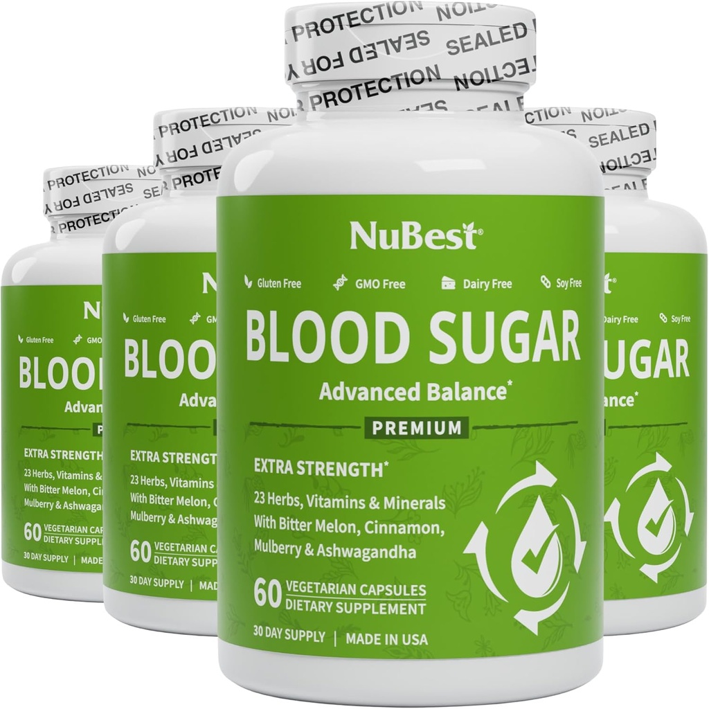 NuBest sucre de sang - Formule Premium avec Melon amer, Ashwagandha, cannelle, chrome, magnésium, vitamines, acide alpha lipoïque, poivre Cayenne - Soutenir sucre de sang sain - Pack 4