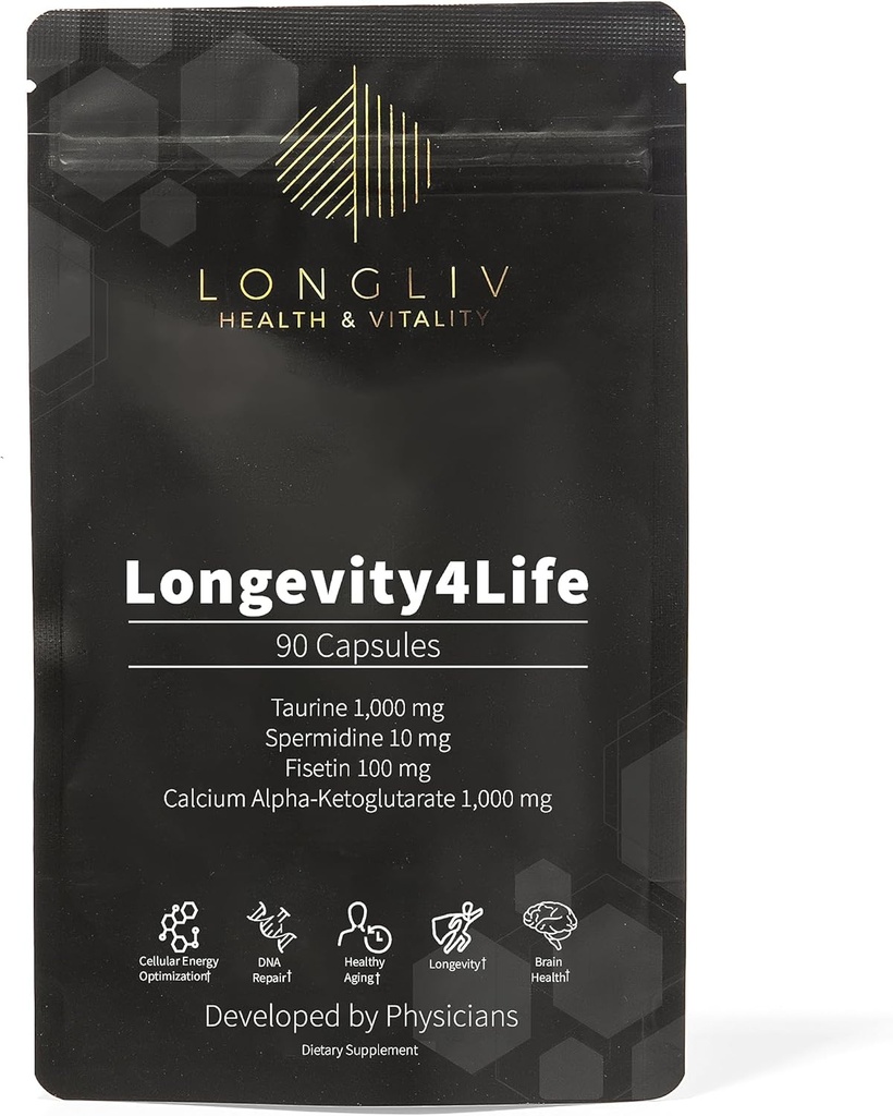 Longevity4Life - Ultimate Cellular Health Supplement - Fisétine, Taurine, Calcium Alpha-Kétoglutarate, et Capsules de Spermidine pour Longevity et Vitalité - Fabriqué aux États-Unis - Physicien formulé