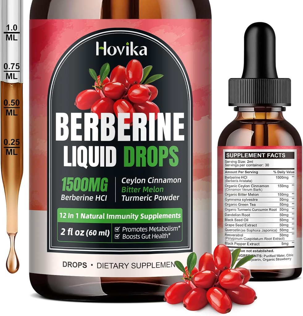 Berberine HCL gouttes liquides - 1500 mg Berberine gouttes liquides hautement absorbantes - supplément de la veggie berbère pour immunone, système de digestion et soutien de la santé cardiaque, fraise parfumée- 2 FL Oz