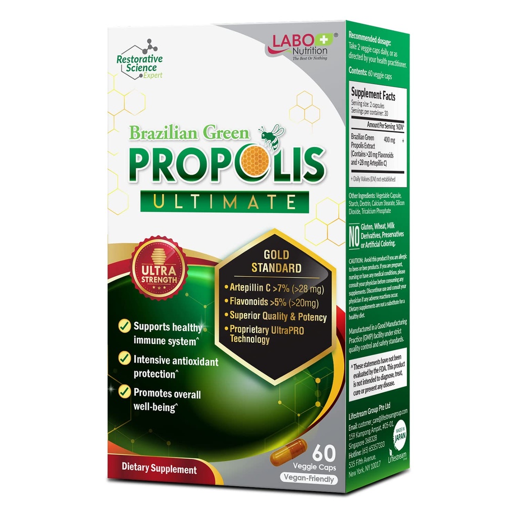 LABO Nutrition Propolis Verte Brésilienne Ultimate - Contient >7% ou 28mg par portion Artepillin C et >5% Flavonoïdes, pour Immune & Soutien Cerveau, Naturel, Haut Concentré & Premium, 60 Capsules de Veg
