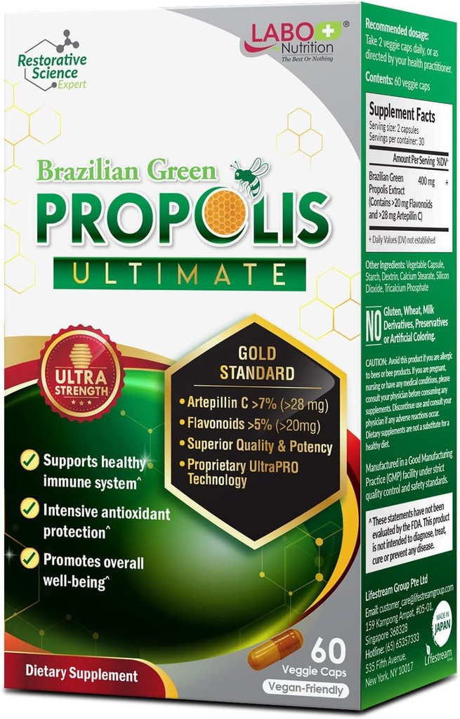 LABO Nutrition Propolis Verte Brésilienne Ultimate - Contient >7% ou 28mg par portion Artepillin C et >5% Flavonoïdes, pour Immune & Soutien Cerveau, Naturel, Haut Concentré & Premium, 60 Capsules de Veg