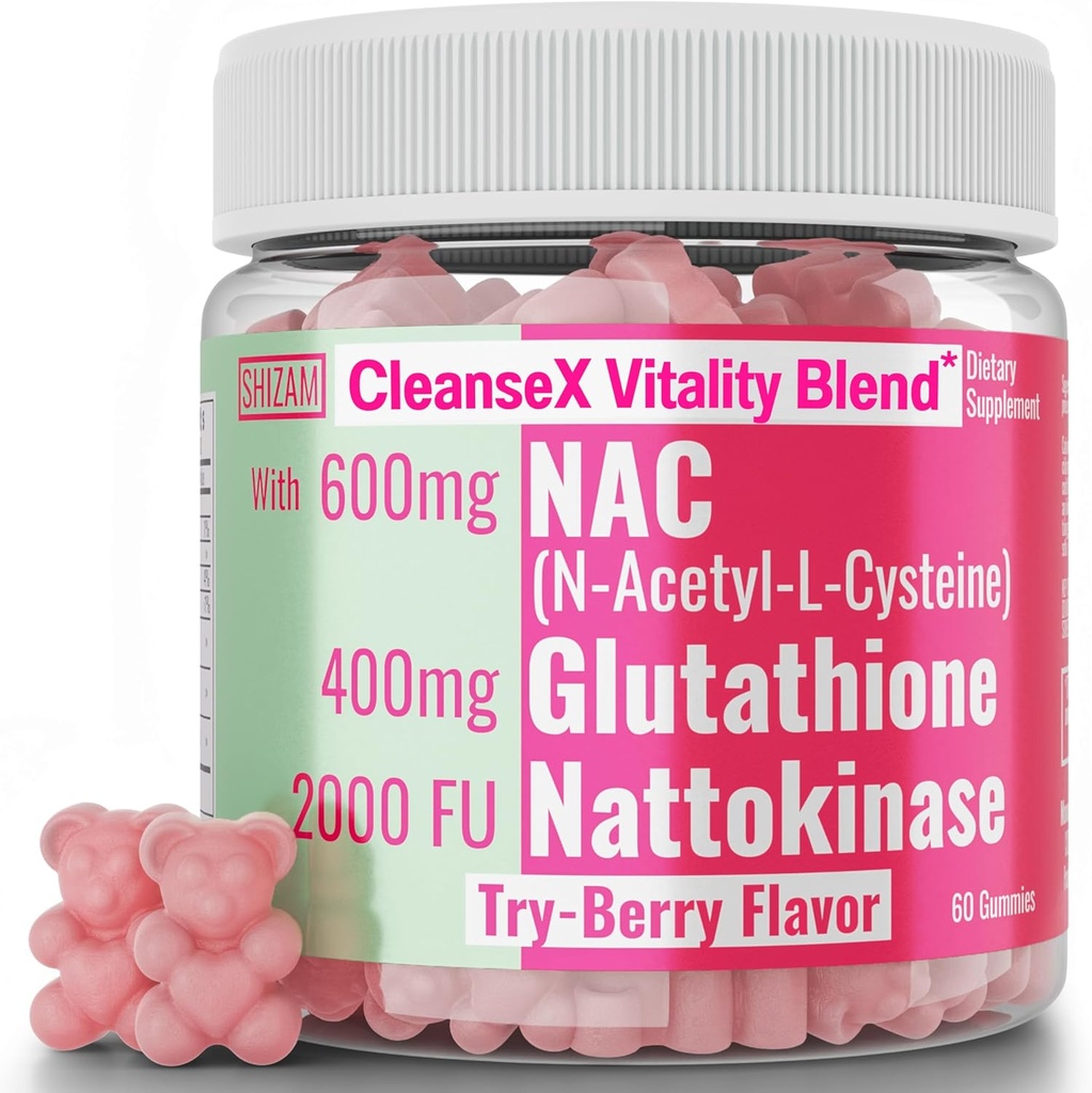 SHIZAM 600mg NAC 2000 FU 100mg Nattokinase & 400mg Reduced L Glutathione Gummies, N-Acetyl Cysteine Capsule Powder Pill Liquid Supplement/Supplements Alt, Organic N Acetylcysteine 1000mg 4000 600 mg