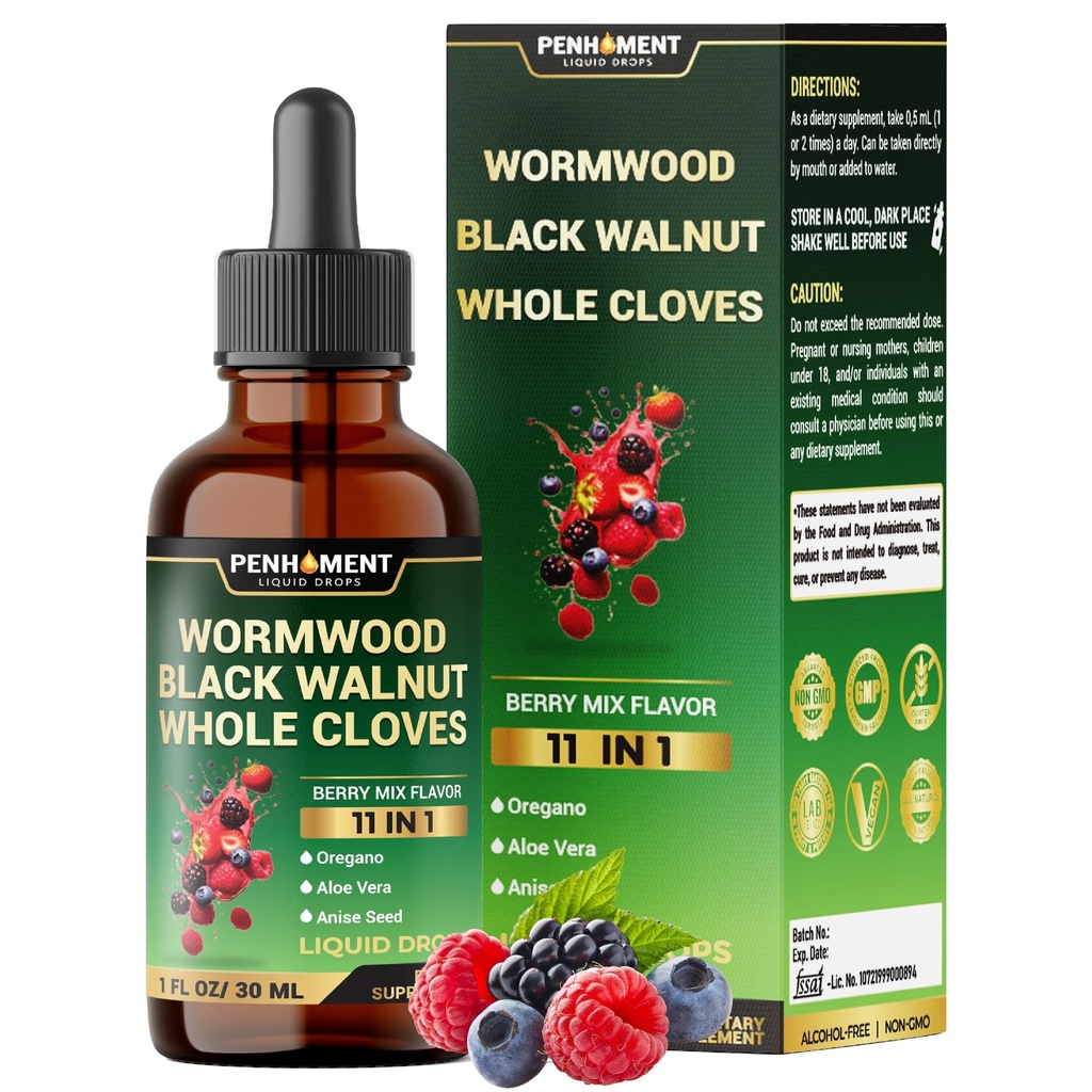 Teinture de wormwood 10in1 - Noix noire, vêtements entiers, champignons Reishi et 4 autres - gouttes liquides de wormwood - 1 FL OZ pour 2 mois d'approvisionnement - mélange de baies