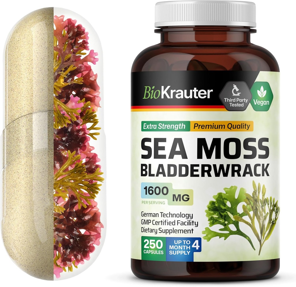 BIO KRAUTER Irish Sea Moss Capsules 1600 mg - 250 Compte - Vegan Bladderwrack avec supplément de mousse de mer Chondrus Crispus