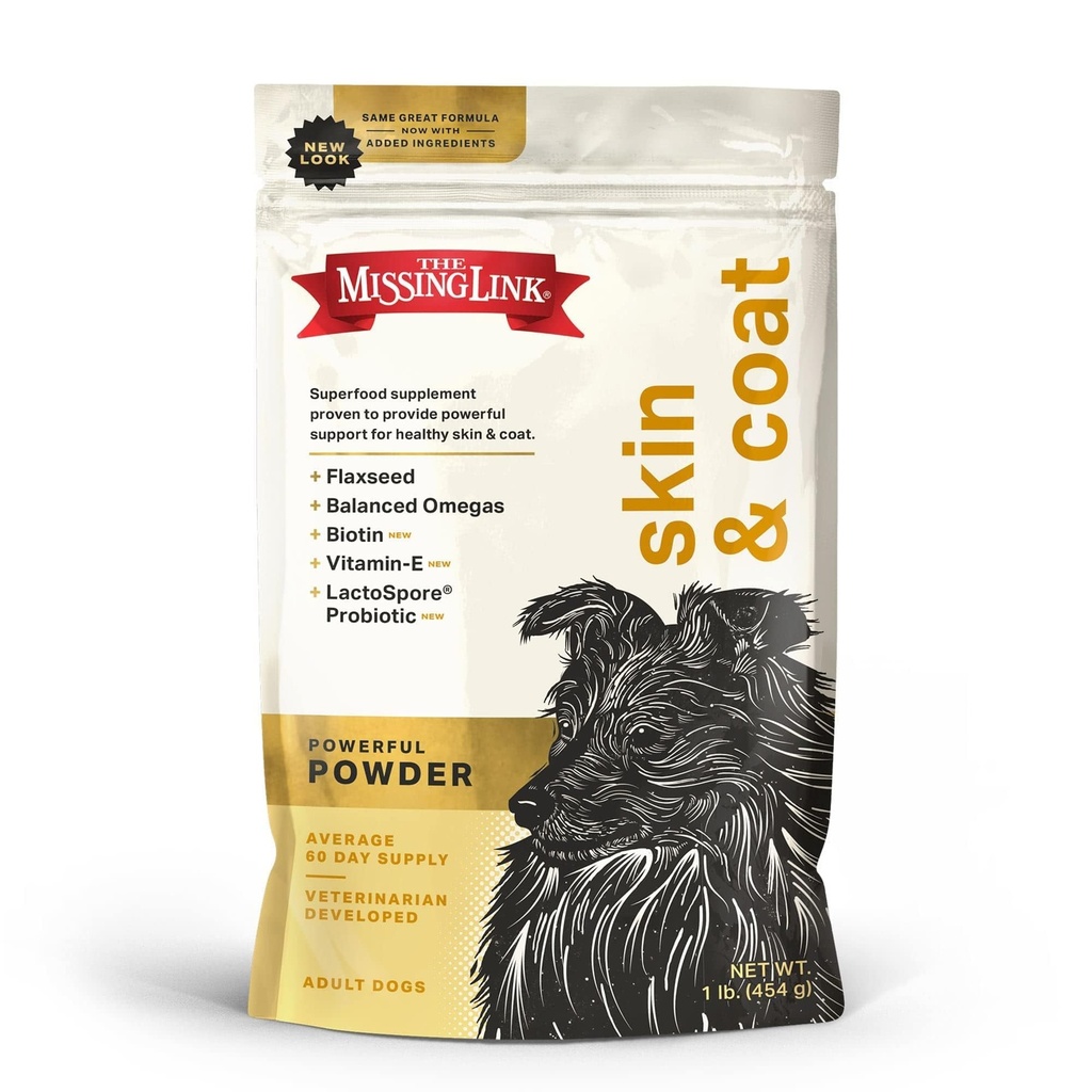The Missing Link Skin & Coat + Probiotics Supplément 1lb Sac - Poudre de super-aliments puissant pour les chiens soutient une peau saine et un manteau brillant, favorise la croissance des cheveux