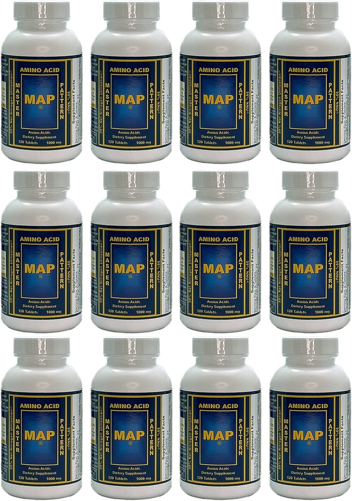 Pack de 12 bouteilles de MAP Master Amino Acid Pattern (120 comprimés/bouteilles) 99% utilisation nette d'azote (NNU) - Formule originale de Luca Moretti
