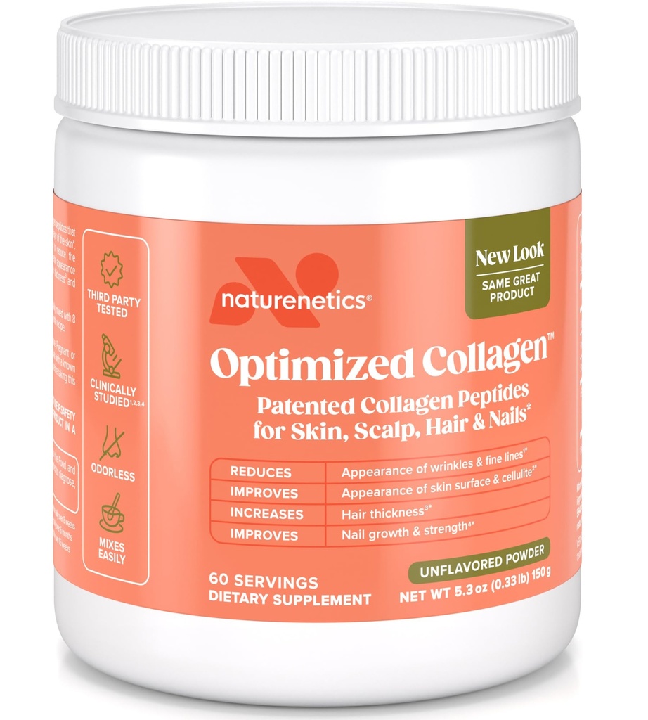 Naturenétique Cheveux, peau et ongles Peptides de collagène – soutient l'hydratation de la peau et la résistance des cheveux – Biodisponible Collagène hydrolysé – non aromatisé, facile à mélanger – Paléo & Keto-Amis – 60 portions*