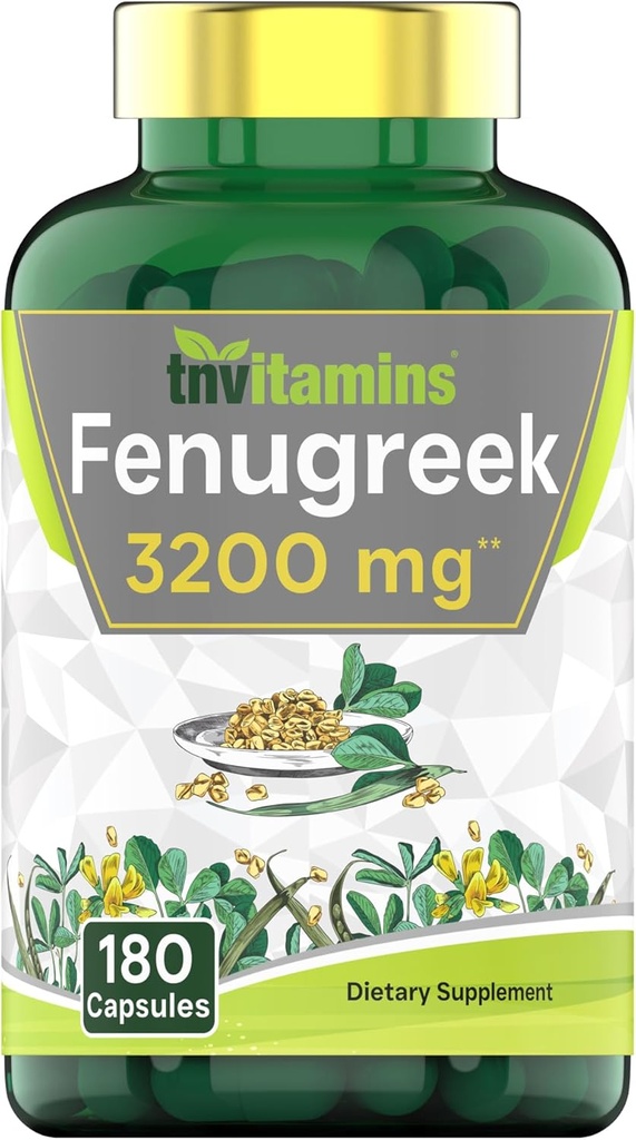 tnvitamins Capsules de Fenugreek: 3200 mg - 180 Capsules.com Supplément de Fenugreek pour hommes et femmes.com Extrait de poudre de fenugreek non-OGM.com fabriqué aux États-Unis!