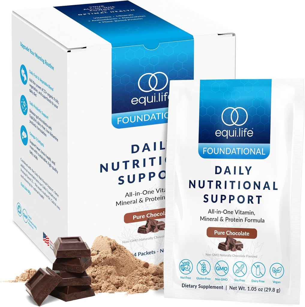 Equilife Daily Nutritional Support, All-in-One Multivitamin Meal Replacement, Pure Chocolate Flavor, Protéine végétale 15G, soutient le bien-être global incluant énergie, digestion et peau, 14 paquets
