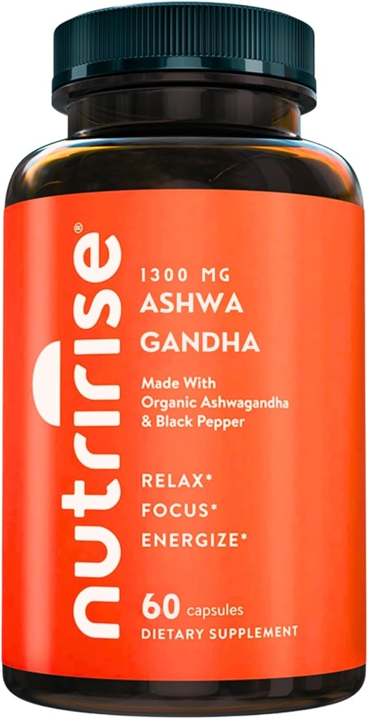 NutriRise Organic Ashwagandha Capsules de racines avec poivre noir, 1300mg, Stress naturel et l'humeur, Thyroïde et supplément de soutien immunitaire, Clarity, Focus & Energy, sans gluten, 60 Compte