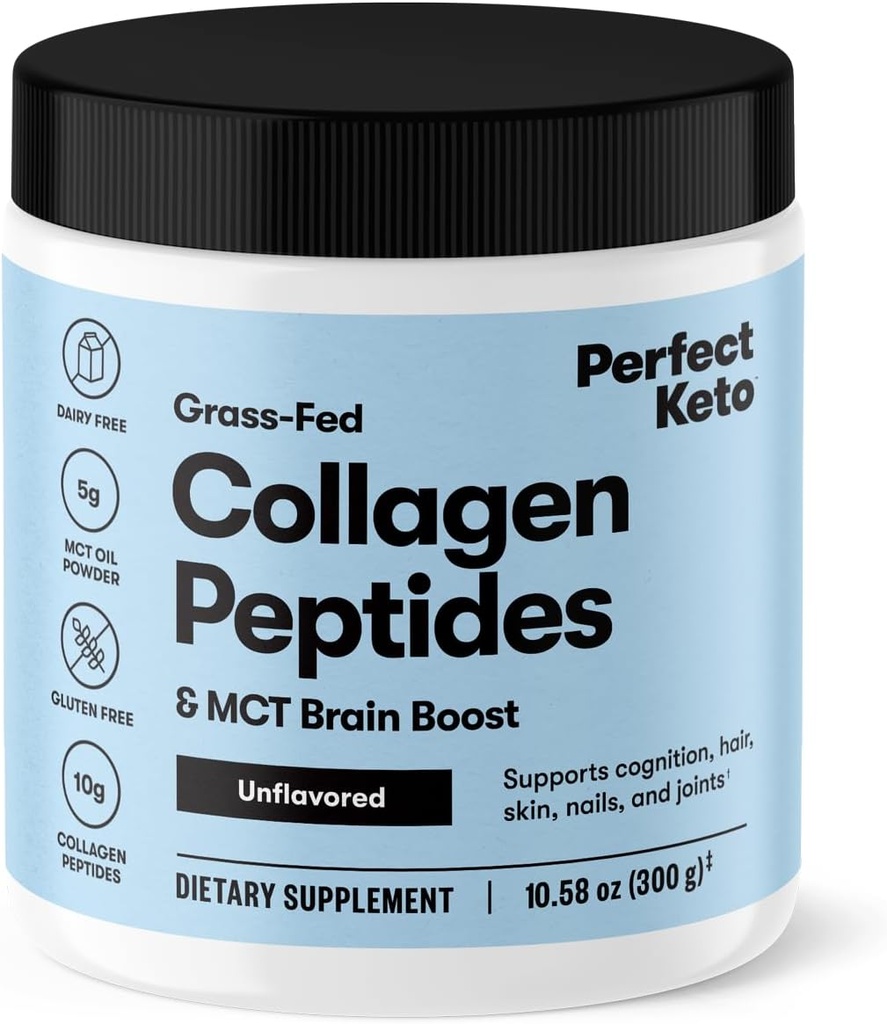 Perfect Keto Collagen Peptides Poudre de protéines avec huile MCT, collagène hydrolysé, complément de type I & III, sans gluten, gazon, faible teneur en glucides, crème de café Keto, collagène pour les femmes et les hommes, non aromatisé
