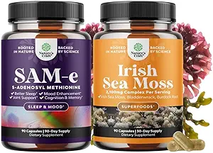 Bundle of Pure SAM-E Nootropic Brain Supplement and Organic Irish Sea Moss Capsules -Immune Support and Mood Support Supplément - Sea Moss and Bladderwrack Capsules with Burdock Root Superfood Blend